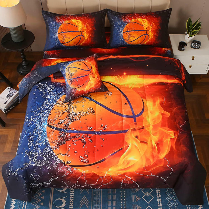 JQinHome Twin Baseball and Fire Comforter Sets for Boys,6 Piece Bed in A Bag 3D Sport Themed Bedding -All Season Soft Microfiber Bedding Sets with Pillowcase, Flat Sheet, Fitted Sheet,Cushion Cover
