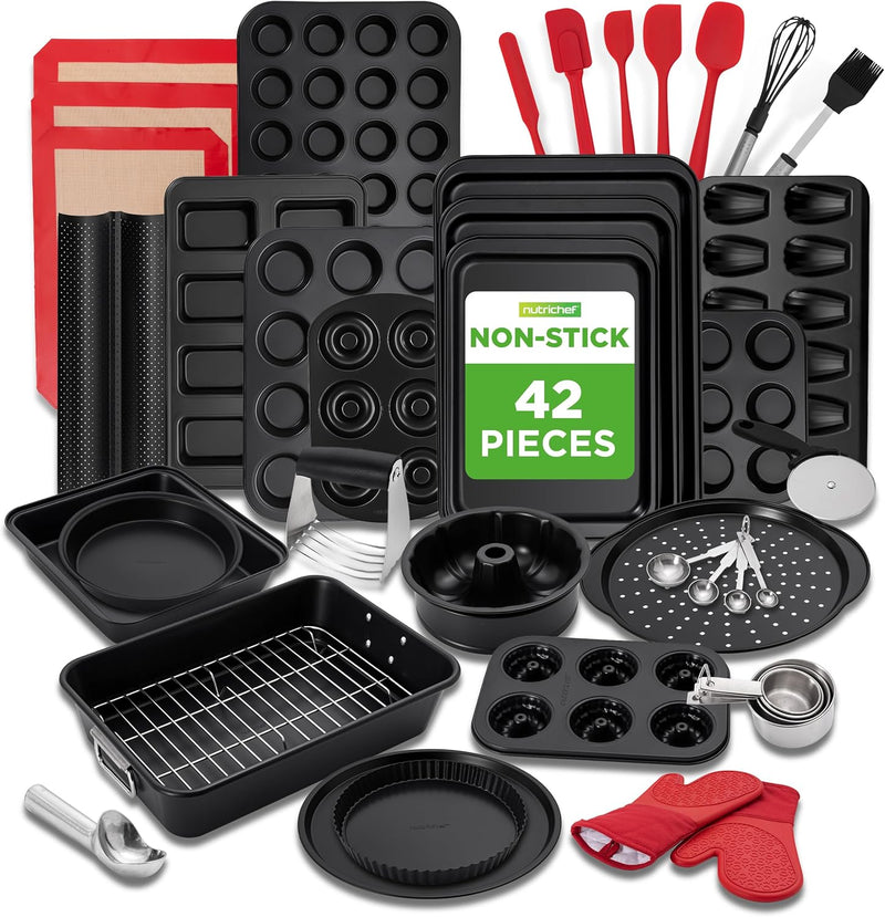 NutriChef 3-Piece Nonstick Kitchen Oven Baking Pans - Premium & Stylish Non-Stick Steel, Commercial Grade Restaurant Quality Metal Bakeware with Red Silicone Handles - Easy to Clean, NCSBS3S