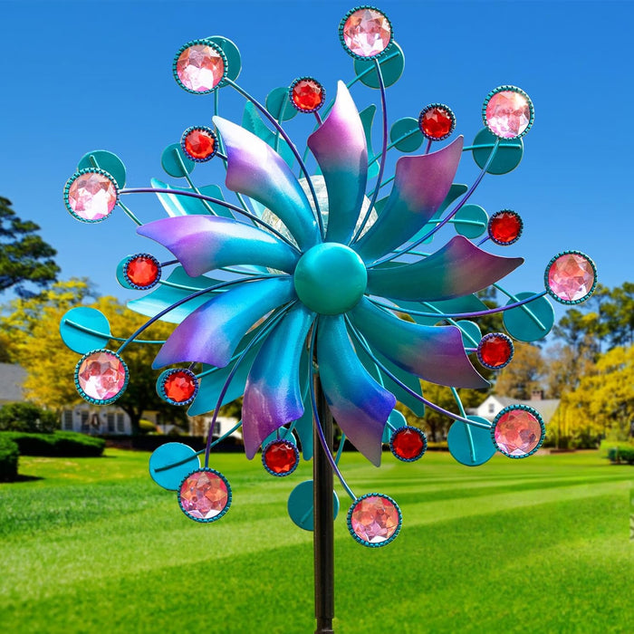 Solar Wind Spinners for Yard and Garden - 360° Metal Large Wind Sculptures Outdoor Clearance Kinetic Windmills with 4 Layer Jeweled Blades for Patio, Lawn Garden Decoration - 54Inch