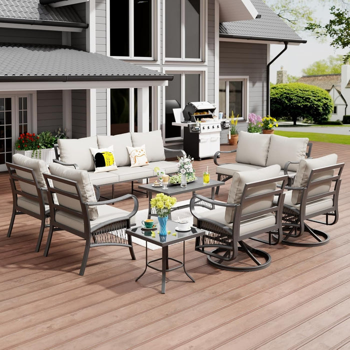5 Piece Patio Furniture Set, Outdoor All Weather Conversation Sofa Set with 2 Swivel Chairs, Rope Braided Design and Thick Cushions for Garden, Porch, Lawn, Beige