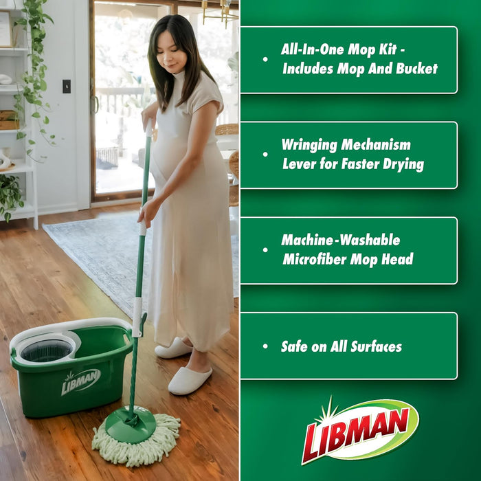 Libman Tornado Spin Mop System with 3 Refill Heads, Microfiber Spinning Mop and Bucket with Wringer Set for Home, Floor Cleaning of Hard-Wood, Laminate, Tile, All Surface Cleaner, 4 Total Mop Heads