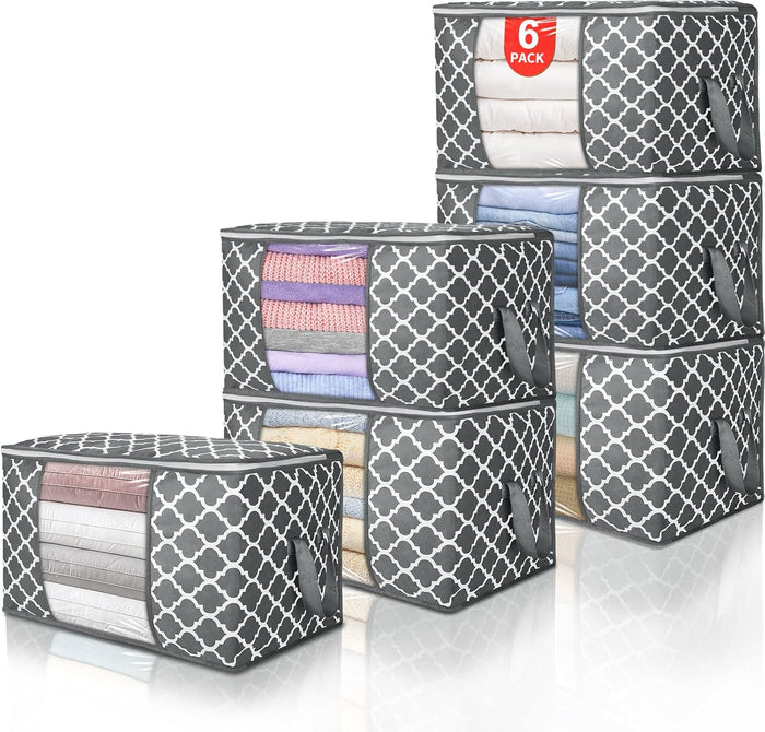 90 L Large Storage Bags, 6 Pack Clothes Storage Bins Foldable Closet Organizers Storage Containers with Reinforced Handle for Clothing, Blanket, Comforters, Bed Sheets, Pillows and Toys (Gray)