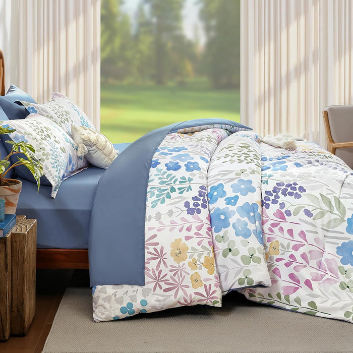 Xruibed Queen Comforter Set 7 Pieces, Blue Floral Bedding Set, Bed in a Bag Queen with Botanical Flowers Patterns, Soft Microfiber Complete Bedding Set with Sheets for All Season