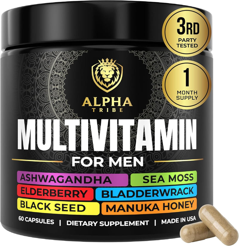Alpha Tribe Multivitamin for Men with Sea Moss, Black Seed Oil, Ashwagandha, Turmeric Bladderwrack, Burdock,Vitamin C, Elderberry, Manuka, Yellow Dock | Daily Men's Vitamins and Minerals Supplement