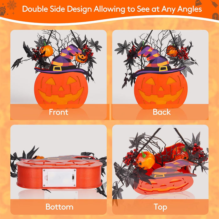 BlcTec Halloween Pumpkin Lights, 10 inch Lighted Big Halloween Wooden Pumpkin with Maple Leaves, Berries, Twigs, Witch's Hat, Battery Operated Lights with Timer for Halloween Decorations, Style A