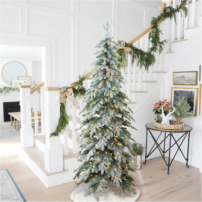 Glitzhome 7.5ft Pre-Lit Flocked Pencil Artificial Christmas Tree, Chicago Frostwood Spruce w/Remote Control,1211 PE&PVC Tips and 350 Warm White Lights,Sturdy Metal Stand for Home Decoration