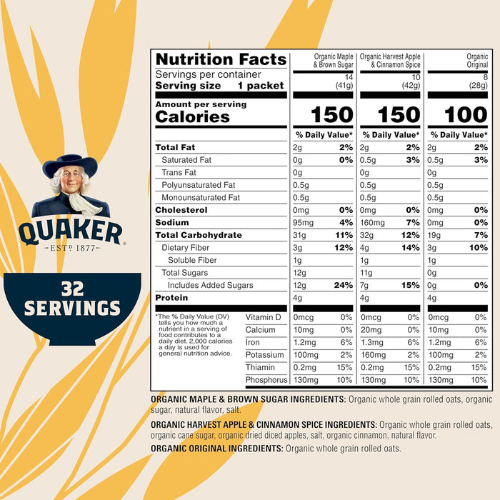 QUAKER Instant Oatmeal, USDA Organic, Non-GMO Project Verified, 3 Flavor Variety Pack, Individual Packets, 32 Count (Pack of 1)