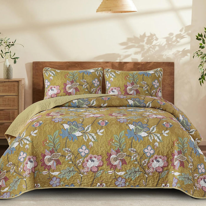 WONGS BEDDING Floral Quilt Set King Size, Grey Botanical King Bedspread Bedding Sets Soft Lightweight Microfiber Flower Gray Coverlet Set 3 Pieces for All Season (104"x90")