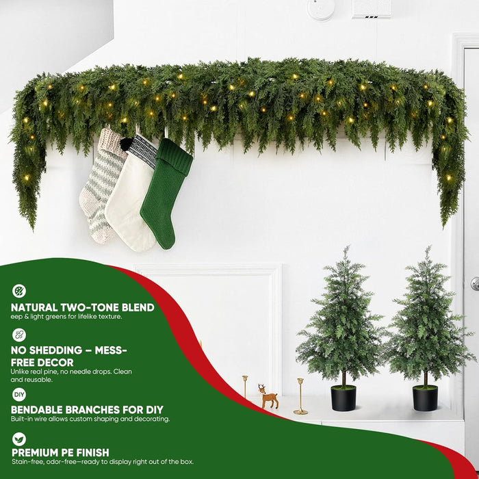 2PCS 9FT Pre-lit Christmas Cedar Garland with 100 Lights, Full 240 Pine Branches, Realistic Faux Garland Artificial Greenery for Fireplace Table Mantle Wall Indoor Outdoor Winter Holiday Decorations