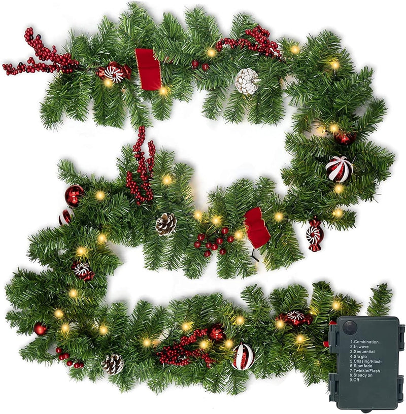 Nerosun 9FT Christmas Garland with 50LED Lights, 2 Pack Battery Operated Prelit Garland Christmas Decorations Timer 8 Mode, Artificial Outdoor Christmas Garland Greenery Pinecone for Indoor Decor