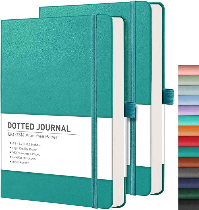RETTACY Lined Journal Notebook, 2-Pack, 192 Numbered Pages per Pack, A5 Medium Size (5.7'' x 8.3''), for Men & Women, Writing, Work, Leather Hardcover, 100 GSM Thick Paper (Black & Dark Green)