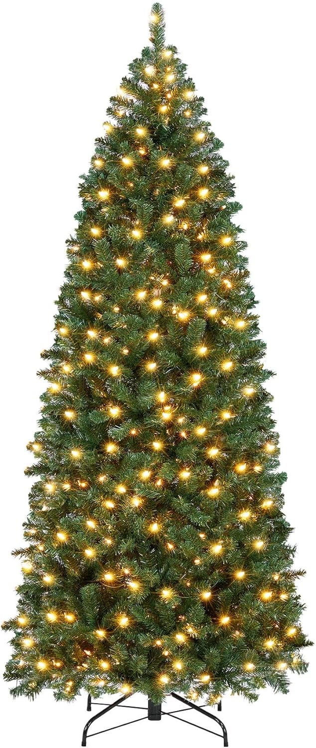 Yaheetech 7.5ft Pre-lit Kingswood Fir Pencil Artificial Hinged Christmas Tree Skinny Corner Xmas Tree with 350 Incandescent Warm White Lights Prelighted Xmas Tree with Foldable Stand, Green