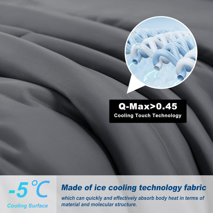 Cooling Comforter Queen Size, Double-Sided Cold Tech Fabric Quilted Bed Comforters Cooling Blanket for Hot Sleepers, Breathable Lightweight Summer Bedding, All-Season Ice Blanket, Dark Gray