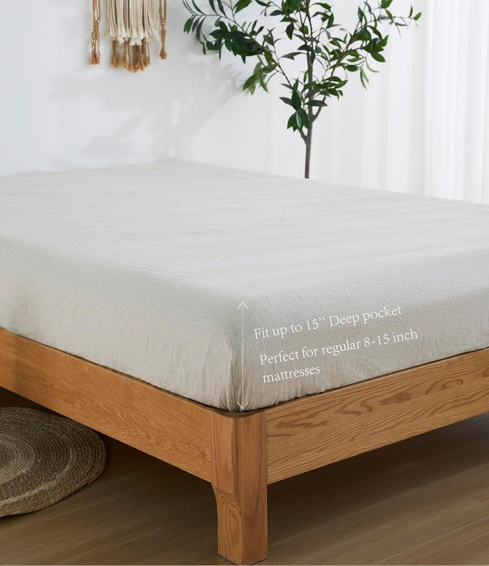 100% French Flax Linen Sheet Set, Bed Sheets Breathable and Durable, 4 Pcs Set - 1 Flat Sheet, 1 Fitted Sheet, 2 Pillowcases, 16 Inch Deep Pocket, All Season (Natural Linen, King)