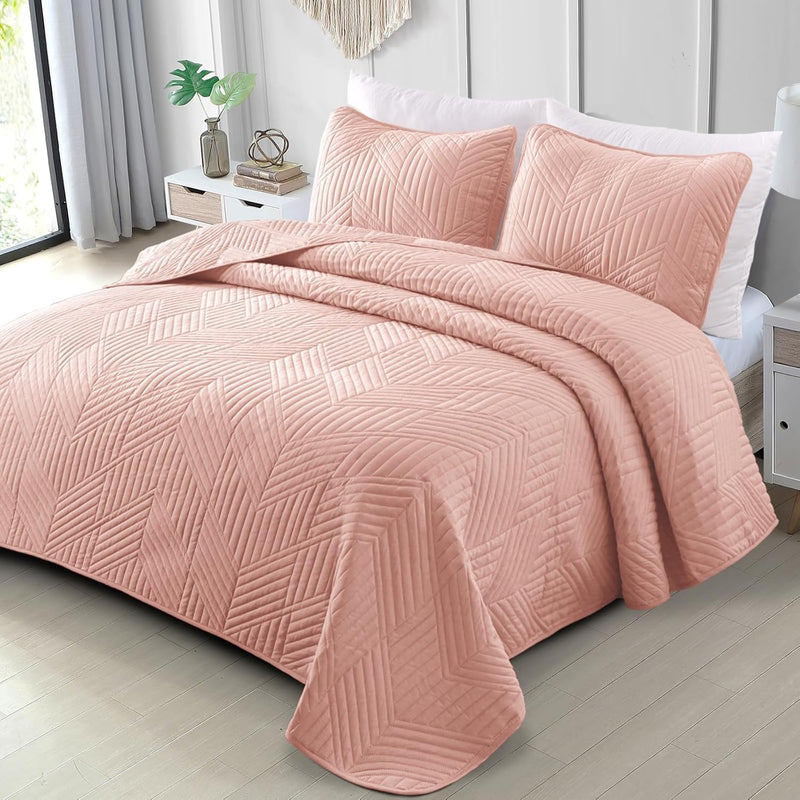 Exclusivo Mezcla Ultrasonic Full Queen Quilt Bedding Set, Lightweight Brich Beige Bedspreads Soft Modern Geometric Coverlet Set for All Seasons (1 Quilt and 2 Pillow Shams)
