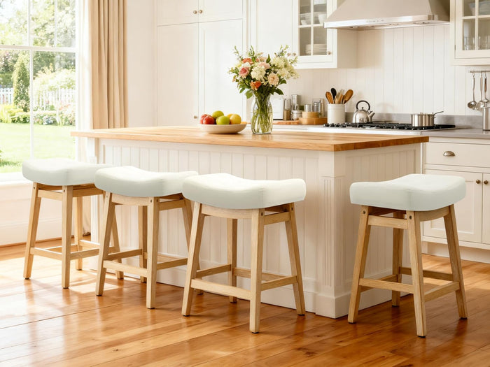 Counter Height Bar Stools Set of 3 for Kitchen Counter Farmhouse Modern Barstools with Faux Leather Upholstered Backless Seat and Solid Wood Legs 24 inch Bar Chairs, Grey + White