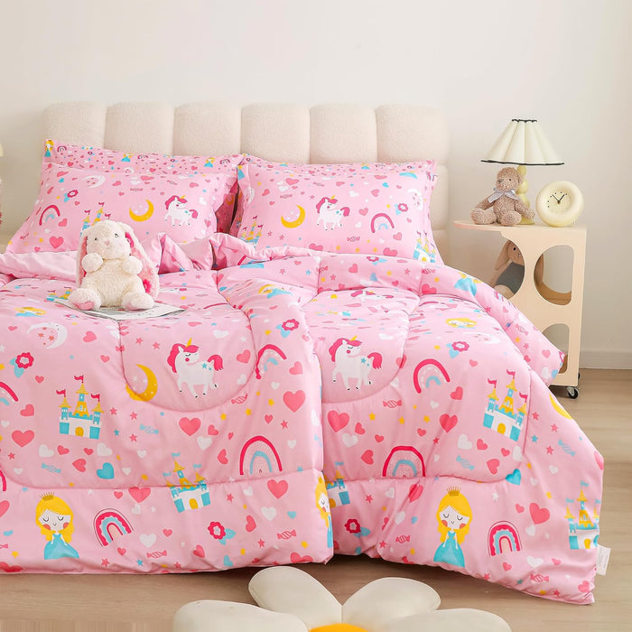 Viviland 5 Pieces Twin Pink Unicorn Comforter Set for Girls - Kids Brushed Microfiber Twin Bedding Set - Machine Washable Bed in A Bag with Soft Comforters, Sheet Set, Shams - Unicorn Love Heart