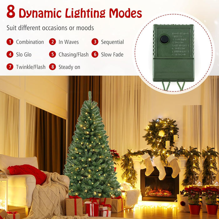 Goplus 7ft Pre-Lit Christmas Tree, Artificial Hinged Xmas Tree with 250 Warm White LED Lights, 8 Lighting Modes & Gloves, 830 PVC Branch Tips, for Home Office Decoration