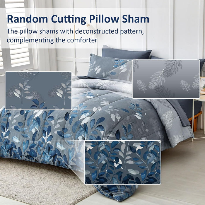 Blue Floral Comforter Set Queen Size 7 Piece Navy Botanical Gradient Leaves Ultra Soft Microfiber Down Alternative Bedding Set Lightweight Reversible Boho Bed Comforter Set for All Season 90" x 90"