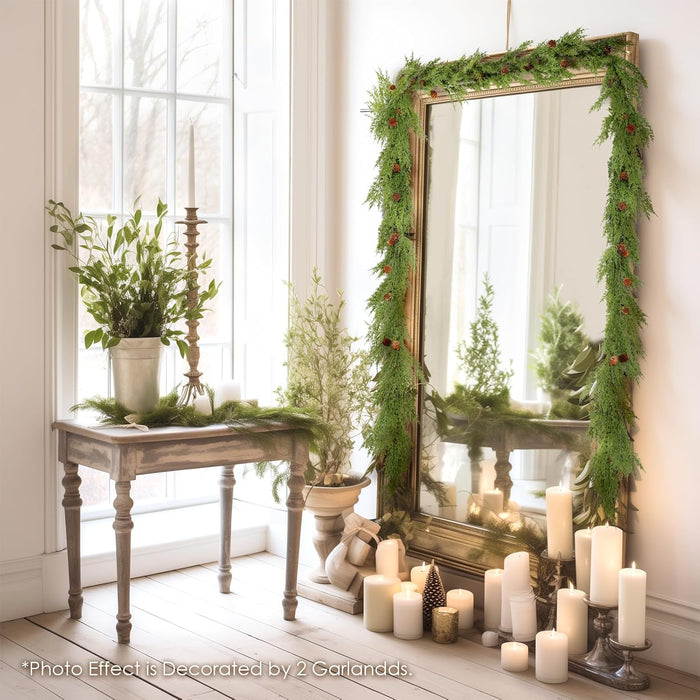 WBHome Real Touch Cypress Cedar & Pine Cone Evergreen Garland for Christmas Holiday Seasonal Outdoor/Indoor Home Decor, 9FT Long
