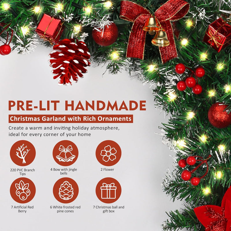 DOIOWN Christmas Garland with Lights,9Ft Prelit Christmas Garland for Mantle,100 LED Christmas Decorations Garland with Berries,Bows,Pine Cones,Flowers for Stairs Indoor Outdoor Decor Battery Operated