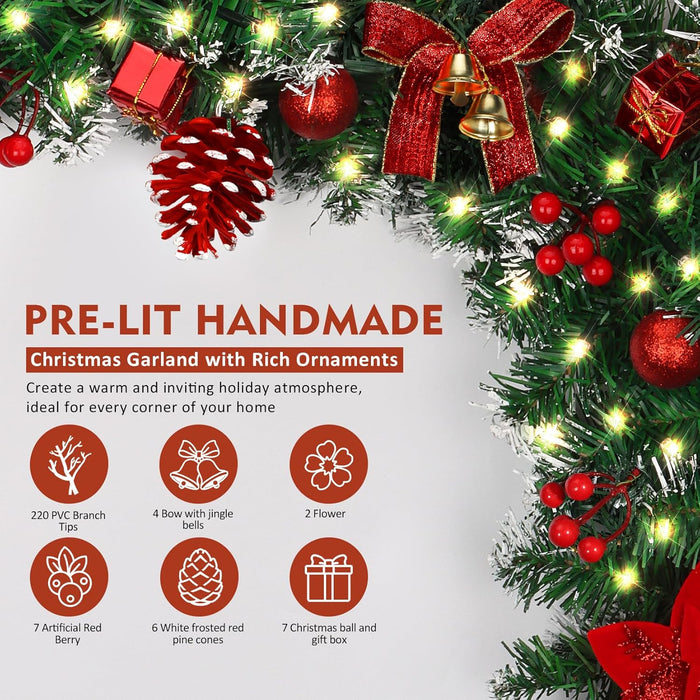 DOIOWN Christmas Garland with Lights,9Ft Prelit Christmas Garland for Mantle,100 LED Christmas Decorations Garland with Berries,Bows,Pine Cones,Flowers for Stairs Indoor Outdoor Decor Battery Operated
