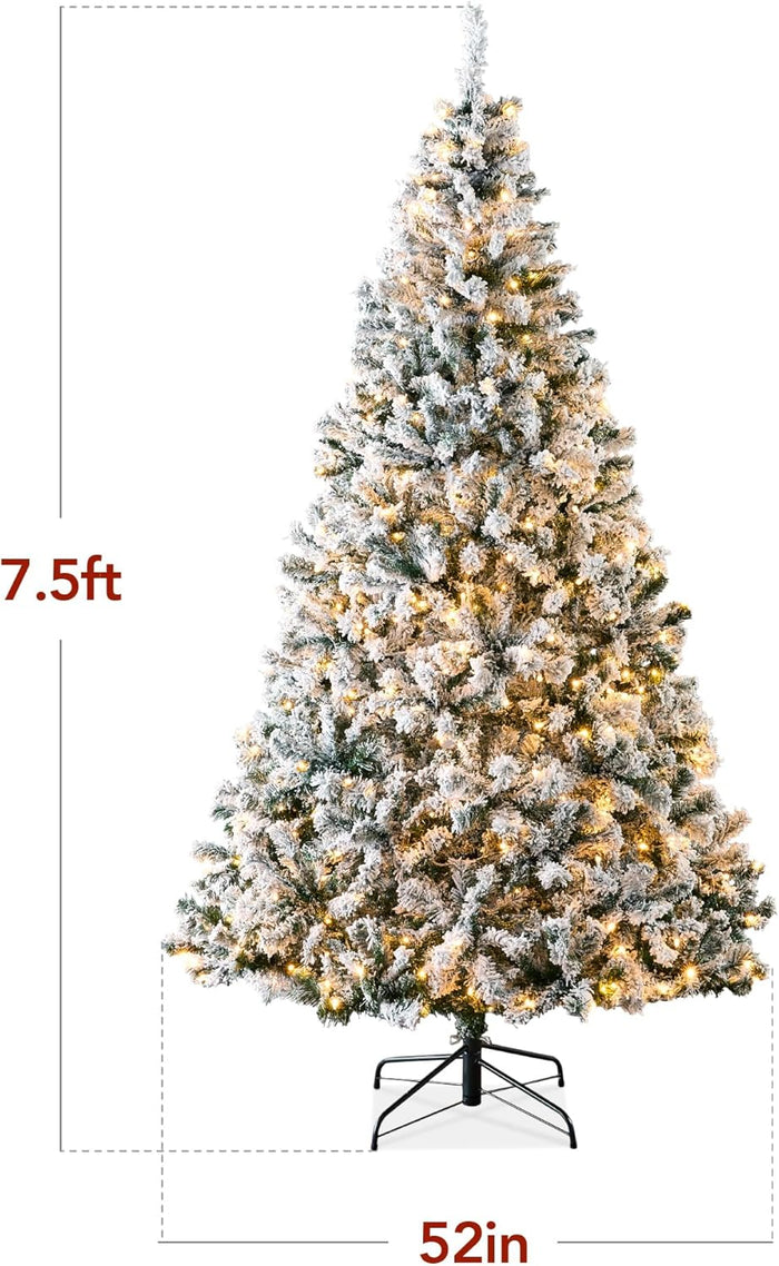 Best Choice Products Pre-Lit Artificial Christmas Tree, 7.5ft Snow Flocked Design Pine Tree, Full Appearance Snowy w/Easy Assembly, Metal Stand