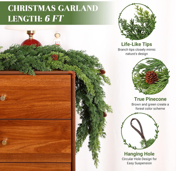 2PCS Christmas Garland, Cedar Garland -Realistic Greenery Cypress Pine Garland with Pinecone for Mantle Table Railing Fireplace Indoor & Outdoor Christmas Decoration