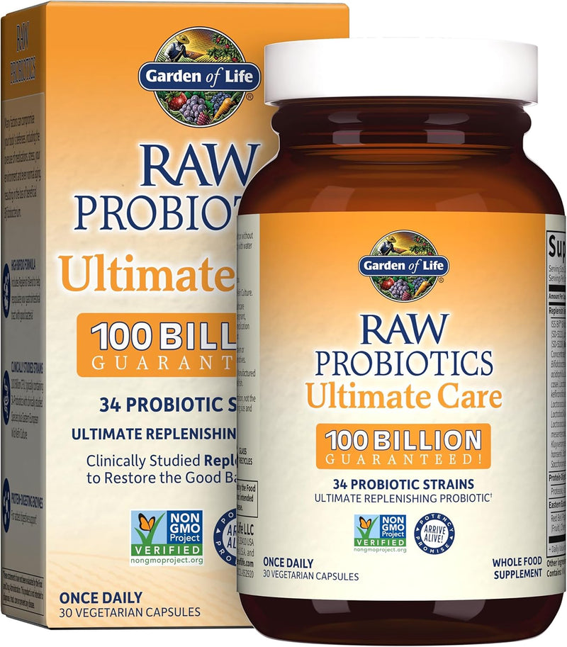 Garden of Life Raw Probiotics for Women and Men with Digestive Enzymes, 100 Billion CFU, Clinically Studied Strains, Shelf Stable, 30 Capsules