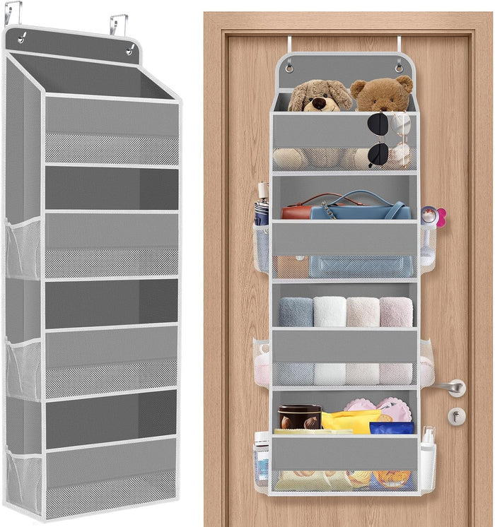 1 Pack Over The Door Organizer, Hanging Storage Organizer with Clear Window, 40lb Ultra Sturdy Large Capacity Room Organizer for Pantry Laundry Bathroom Nursery Closet Baby Essential (Grey)