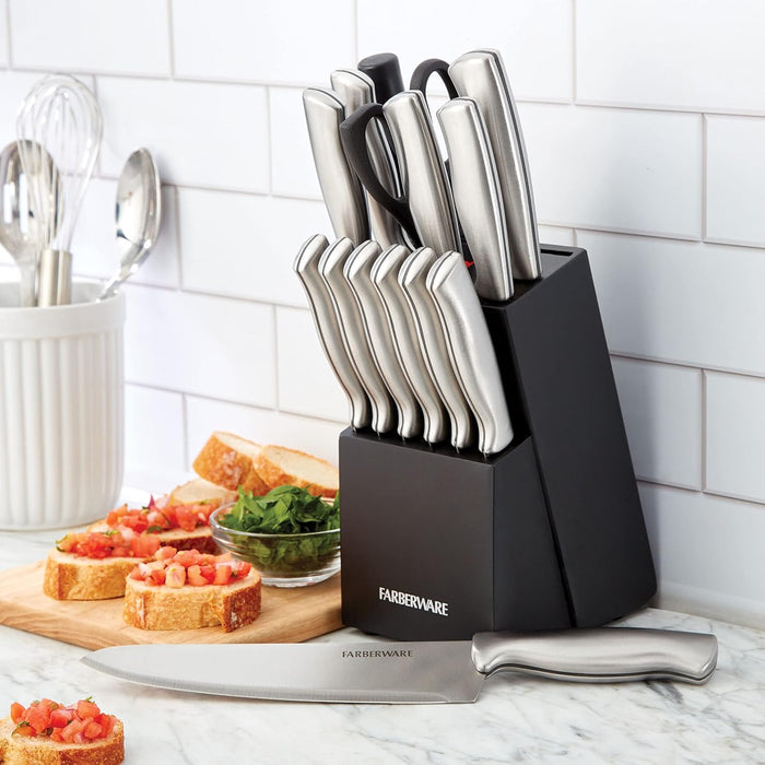 FARBERWARE 15-Piece Kitchen Knife Set with High-Carbon Stainless Steel Blades, Black Handles, Steak Knives, Wood Block, Razor Sharp and Ergonomic