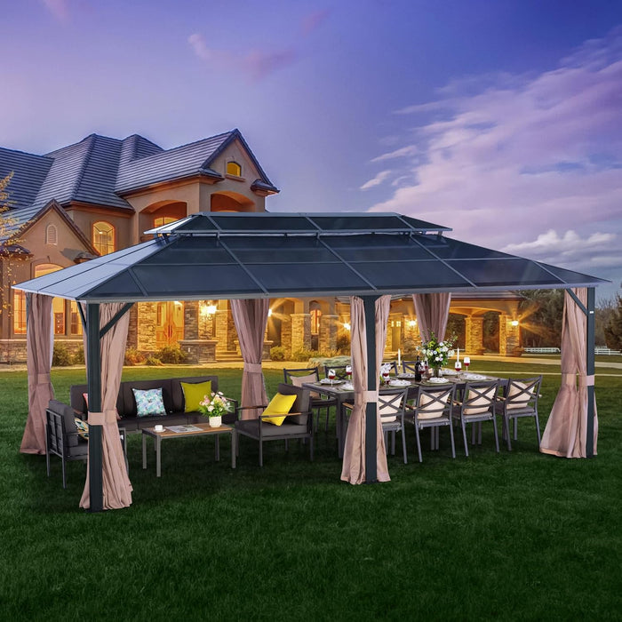 LeDoasis 10' X 13' Permanent Hardtop Gazebo, Outdoor Polycarbonate Double Roof Canopy with Breathable Netting & Privacy Curtain for Patio Backyard Garden Lawn Party