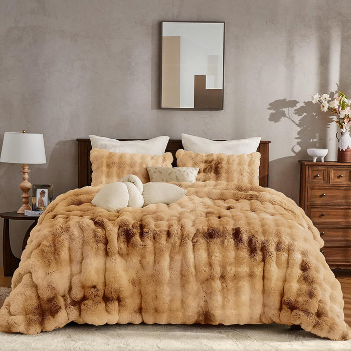 Wonderful 3 Pieces Fluffy Faux Rabbit Fur Bubble Comforter Set King Size, Tie-Dyeing Multiple Grey Plush Fuzzy Bedding Set, Warm Soft Bubble Comforter Bedding Set for Winter