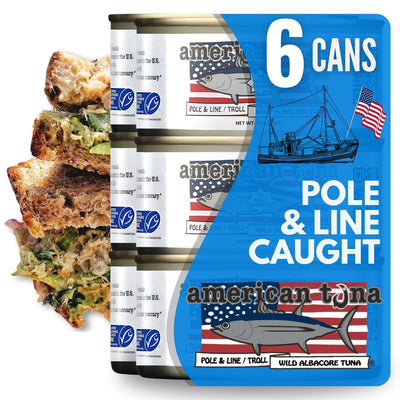 American Tuna Sushi-grade Wild Albacore Tuna Fish - No Salt Added, Wild Caught, MSC Certified, and Pole Caught | (6) 6 Ounce Cans | Super Premium Canned Tuna for Health and Flavor Enthusiasts!