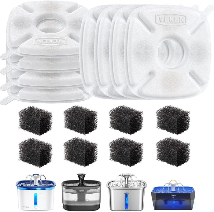 Veken Cat Water Fountain Filters, 8 Pack Replacement Filters & 8 Pack Replacement Pre-Filter Sponges Set for 50oz, 84oz, 95oz Automatic Pet Fountain Dog Water Dispenser