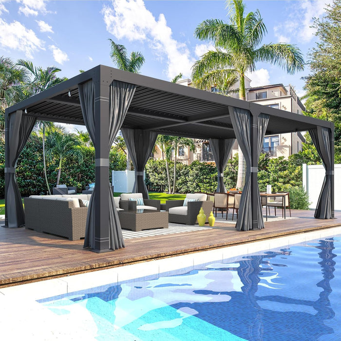 MELLCOM Louvered Pergola - 10x10 Aluminum Pergola with Adjustable Louvered Roof, Waterproof Curtains and Nets, Gray