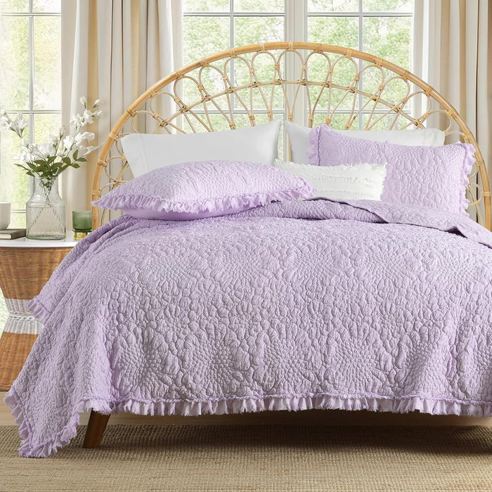 HORIMOTE HOME Pink Ruffled Quilt Queen Size, Stone-Washed Microfiber Lightweight Crinkled Farmhouse Rustic Shabby Chic Bedding Set, 3 Pieces Reversible Bedspread with Pillow Shams for All Season