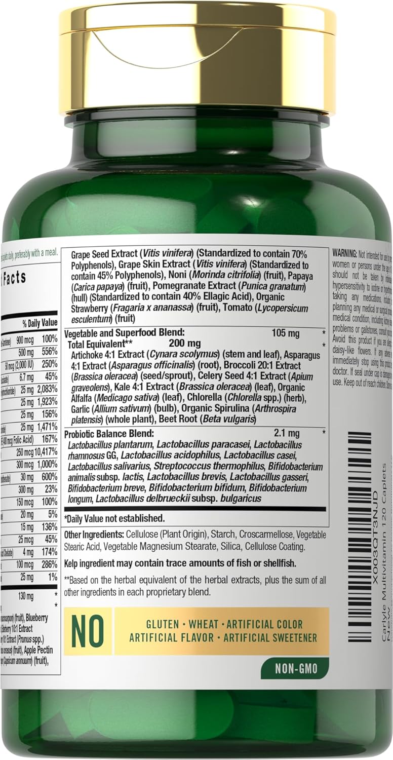 Carlyle Fruits and Veggies Supplement | 120 Count | Superfood Multivitamin with Probiotics | Made with 20 Fruits and Vegetables | Non-GMO & Gluten Free
