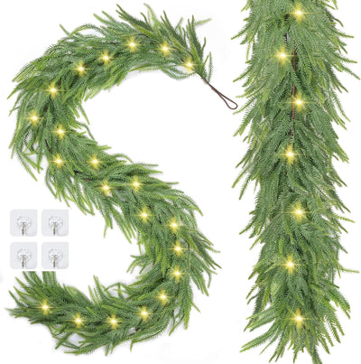 RICHMYC Christmas Garlands Norfolk Pine Garland 6FT 2PCS Artificial Faux Greenery Cedar Garlands Real Touch for Holiday Mantle Home Thanksgiving Fireplace Table Indoor Outdoor Porch Decor