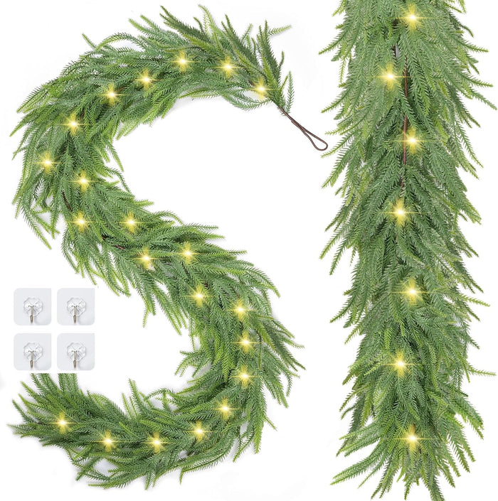 RICHMYC Christmas Garlands Norfolk Pine Garland 6FT 2PCS Artificial Faux Greenery Cedar Garlands Real Touch for Holiday Mantle Home Thanksgiving Fireplace Table Indoor Outdoor Porch Decor