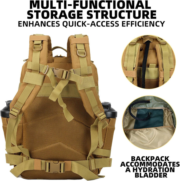 J.SH Military Tactical Backpack for Men 45L Large Capacity Backpack MOLLE 3 Days Assault Pack Bag Waterproof Durable Army Hiking - Khaki
