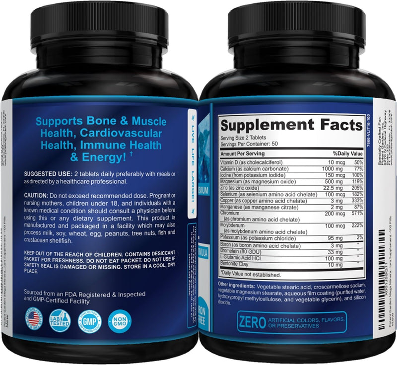 Potent Garden Mega Mineral Supplement Complete Mineral Complex with Calcium Magnesium Zinc Potassium Boron Selenium Chromium & 72 Trace Minerals Iron Free Calcium Supplement -100 Pills