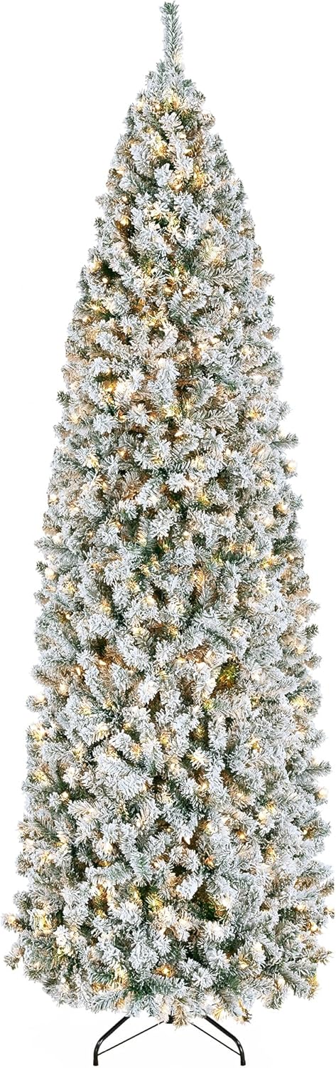 Yaheetech 7.5ft Pre-lit Kingswood Fir Pencil Artificial Hinged Christmas Tree Skinny Corner Xmas Tree with 350 Incandescent Warm White Lights Prelighted Xmas Tree with Foldable Stand, Green