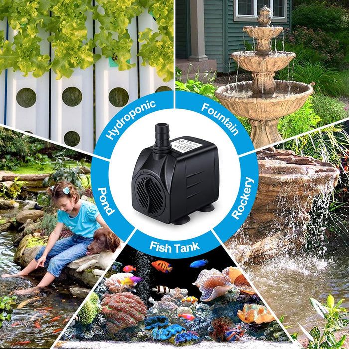 Fountain Pump, 160GPH(10W 600L/H) Submersible Water Pump, Durable Outdoor Fountain Water Pump with 7.2ft（2.2m）Power Cord, 3 Nozzles for Aquarium, Pond, Fish Tank, Water Fountain Pump