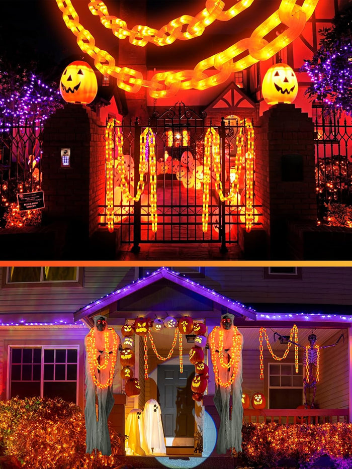 Solar Halloween Decorations Outdoor String Lights - 10 Ft 160 LED Plastic Chain String Lights with Waterproof, 8 Lighting Modes and Timer Function (Orange) US Patent Product
