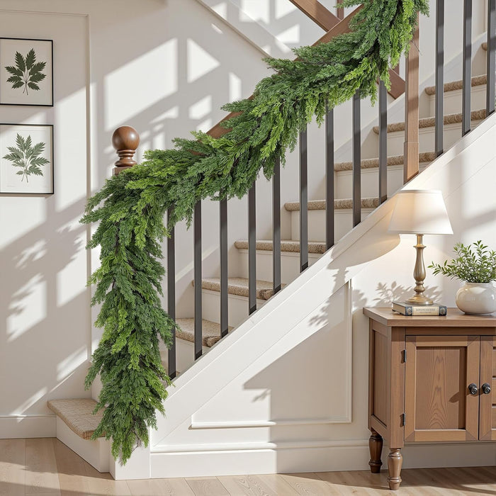 Alupssuc 9FT Christmas Garland, Cedar Garland -Real Touch Artificial Greenery Cypress Pine Garland for Mantle Table Railing Fireplace Indoor & Outdoor Christmas Decoration