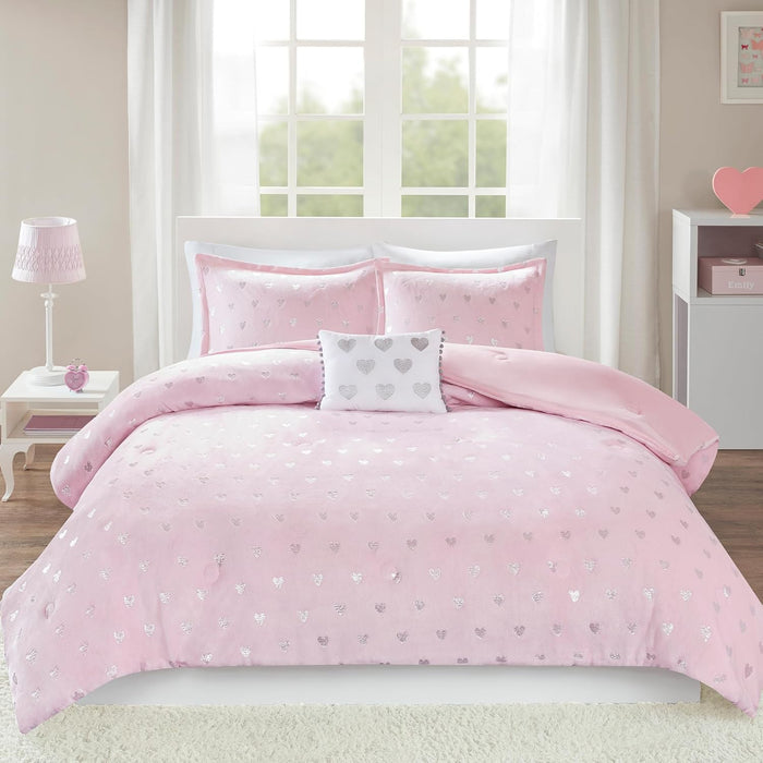 Intelligent Design Queen Comforter Set, 4 Piece Metallic Hearts Bedroom Set for Girls, Queen Bed Set Soft Plush Comforter, Rosalie All Season Fluffy Bedding Set, Full/Queen, Pink Multi/Gold 4 Piece