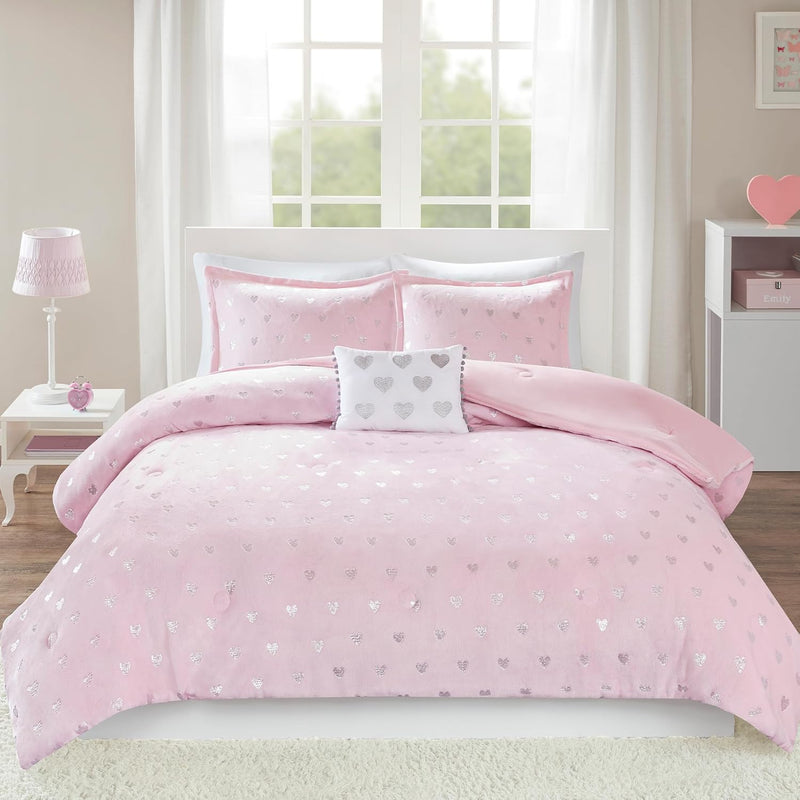 Intelligent Design Queen Comforter Set, 4 Piece Metallic Hearts Bedroom Set for Girls, Queen Bed Set Soft Plush Comforter, Rosalie All Season Fluffy Bedding Set, Full/Queen, Pink Multi/Gold 4 Piece