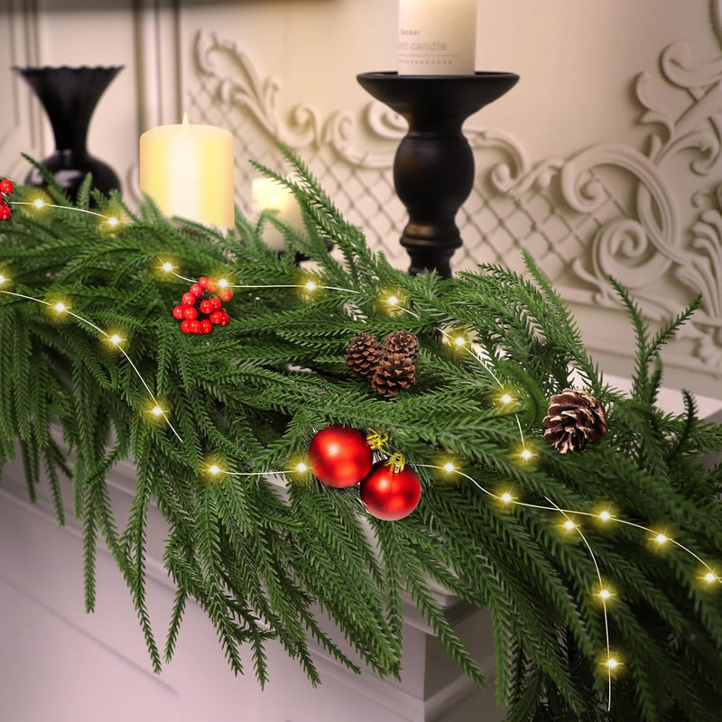 2Pcs 6 Ft Artificial Norfolk Pine Garland with 50 LED Lights,Winter Pine Christmas Garland with Lights,Real Touch Faux Greenery Garland for Mantle Fireplace,Table,Window,Outdoor Christmas Decorations