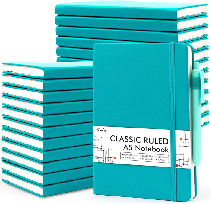 feela 24 Pack Journal Notebook for Work, Business Notebook Bulk Hardcover Lined Writing Journal with Pen Holder for Men Women Note Taking, with 24 Black Pens, 120 GSM, 5.1”x8.3”, A5, Wine